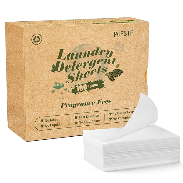 POESIE LAUNDRY DETERGENT SHEETS FRAGRANCE FREE NON-PLASTIC PRECUT ZERO WASTE 160 COUNT LIQUIDLESS WASHING STRIPS FOR HOME DORM TRAVEL CAMPING HIKING PORTABLE