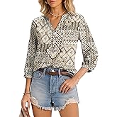 LOMON Womens Tops Dressy 3/4 Length Sleeve Henley V Neck Button Down Shirts Pleated Blouses S-XXL