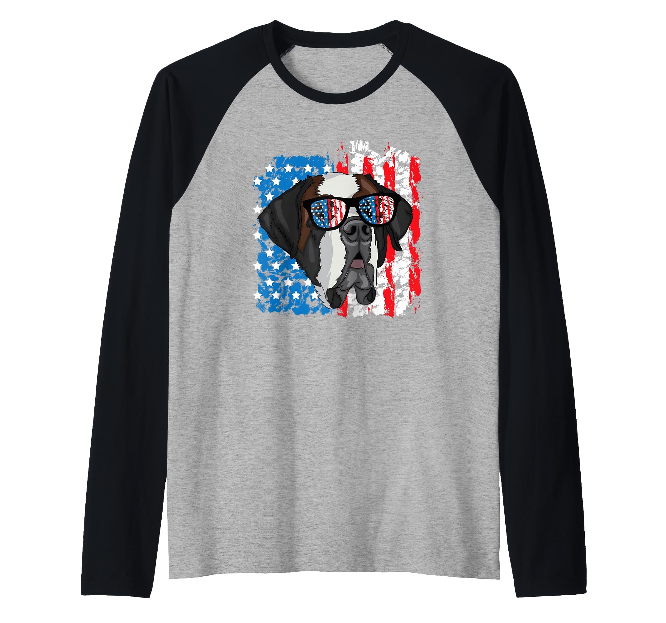 4th of July Dog Patriotic Saint Bernard Dog with Sunglasses Raglan Baseball Tee