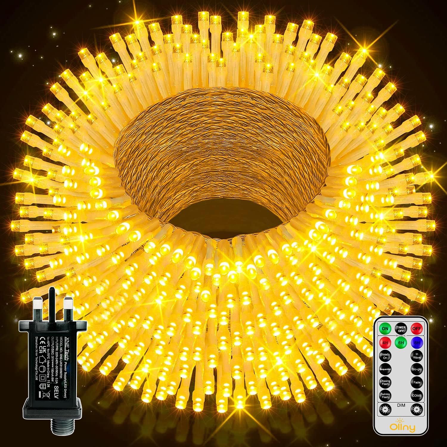 Ollny Christmas Tree Lights, 50m 500 LED Outdoor Fairy Light Mains Powered, Waterproof Warm White String Light with Plug, Remote/8 Modes/Timer, Bright Lighting Indoor/Outside/Garden/Xmas Decorations
