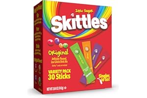 SINGLES TO GO! Skittles Variety Pack, Watertok Powdered Drink Mix, Zero Sugar, Low Calorie, Includes 4 Flavors: Green Apple, Strawberry, Grape, Orange, 1 Box (30 Single Servings)