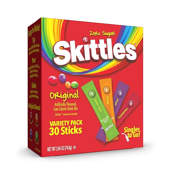 SKITTLES SINGLES TO GO VARIETY PACK, POWDERED DRINK MIX, ZERO SUGAR, LOW CALORIE, INCLUDES 4 FLAVORS: GREEN APPLE, STRAWBERRY, GRAPE, ORANGE, 1 BOX (30 SINGLE SERVINGS)