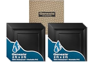 Genesis 2ft x 2ft Black Icon Coffer Ceiling Tiles - Easy Drop-in Installation – Waterproof, Washable and Fire-Rated - High-Grade PVC to Prevent Breakage - Package of 12 Tiles