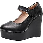 ANUFER Women's High Platform Wedge Heel Mary Jane Shoes Hook&Loop Ankle Strap Leather Pumps