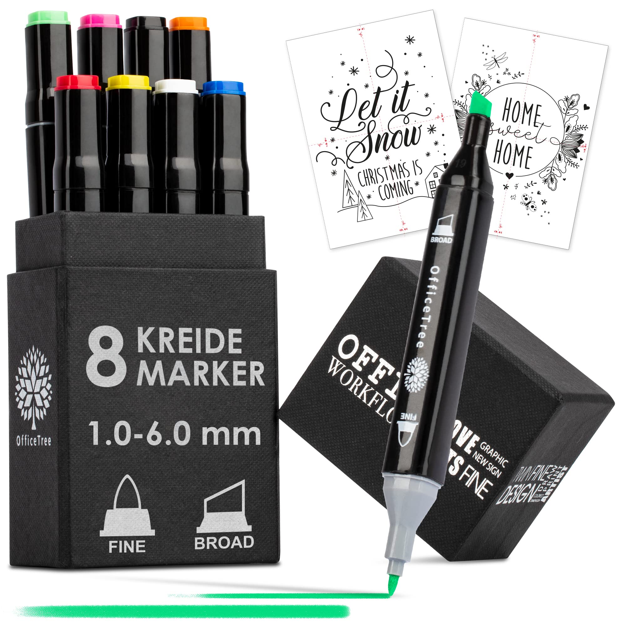 OfficeTree 8 x Chalk Markers - Coloured Chalk Pens for Blackboards Wipeable - Window Pens for Glass Washable - Chalk Pen with Rounded tip and Wedge tip - Blackboard Pens in 8 Colours Dry Wipe