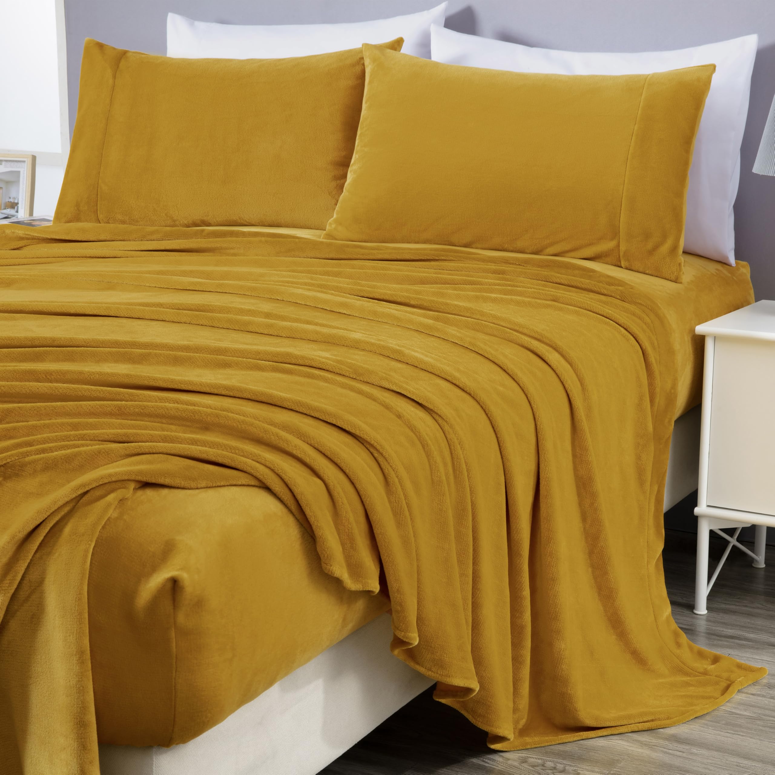 Photo 1 of Chezmoi Collection Extra Soft Fleece Sheet Set King, Microplush Non-Pilling Velvety Bed Sheet, Deep Pocket - Lightweight All Season Warmth, King, Mustard