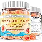 Vitamin D3 5000IU + K2 (MK-7) 120mcg, Sugar-Free Vitamin D3 K2 Filled Gummies with Vitamin B Complex - Methyl B12, B9, B6 | Vitamin E & Zinc, MCT Oil - Supports Bone & Teeth Strength, Immune, 1PACK