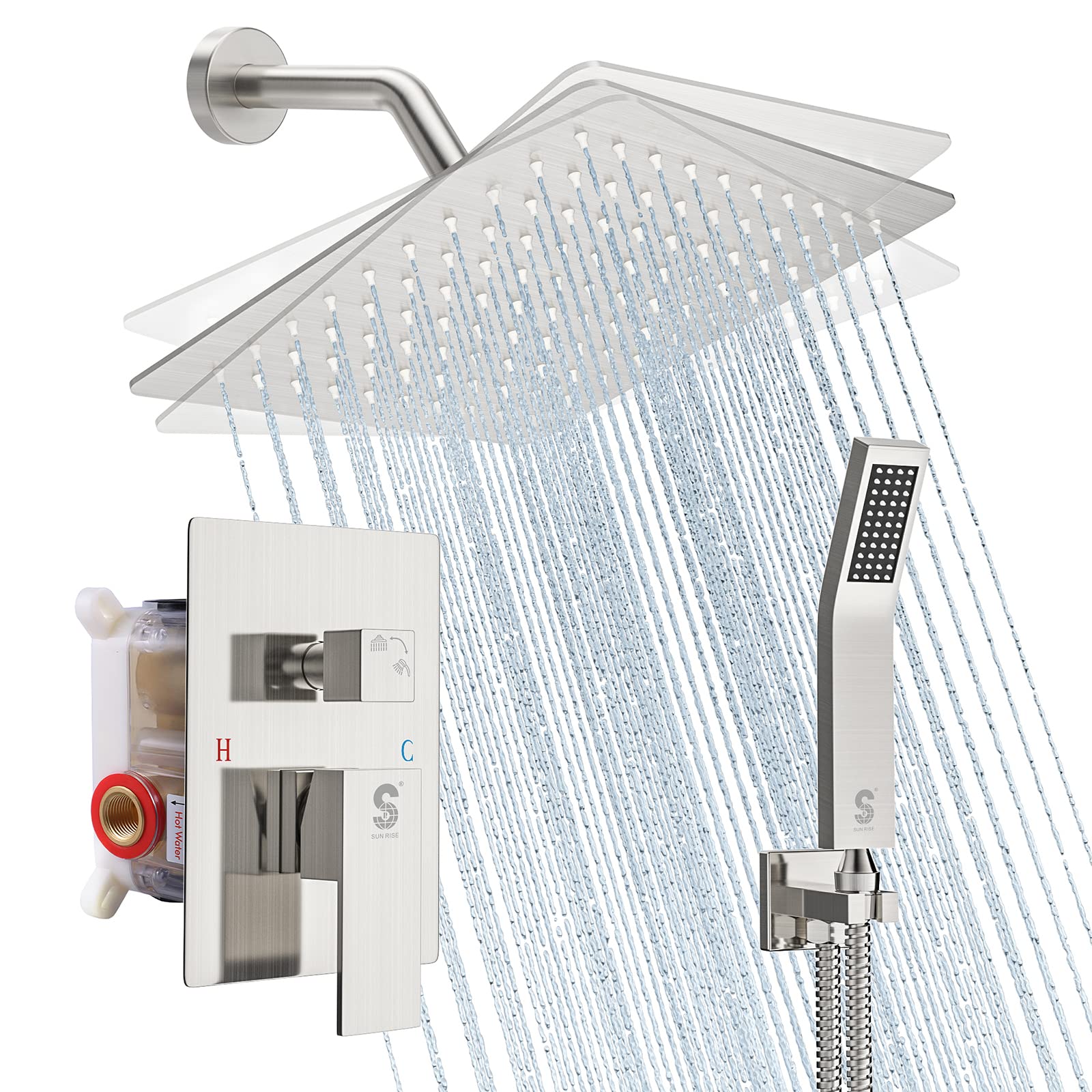 Photo 1 of SR SUN RISE Shower Faucet Set - Shower Valve with 8 Inch Rainfall Shower Head and Handheld Shower - Wall Mounted Shower System with Rough In Valve and Shower Faucet Trim Repair Kits - Brushed Nickel