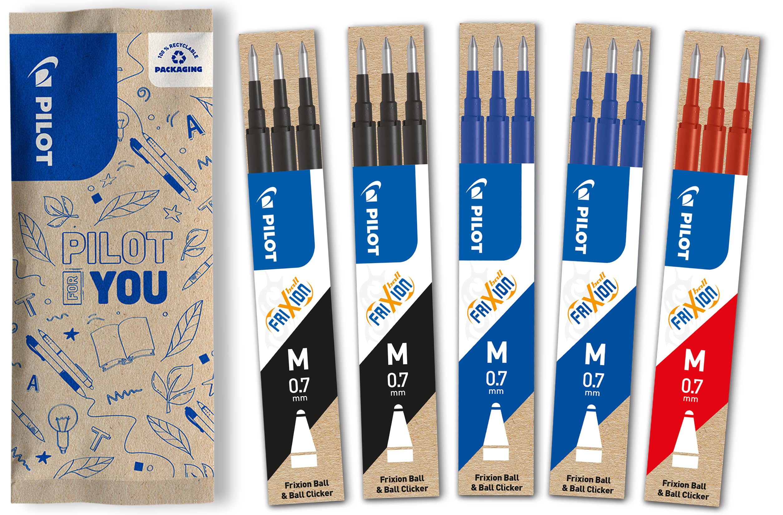 PILOT - Pack of 5 sets of 3 Refills 0,7 - Erasable ink for Frixion - Medium - Assorted Colors 2 Black, 2 Blue, 1 Red