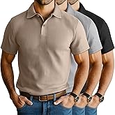 Neer 3 Pack Men's Waffle Henley Button Collared T-Shirts, Short Sleeve Lapel V Neck Side Split Classic Summer Basic Tees