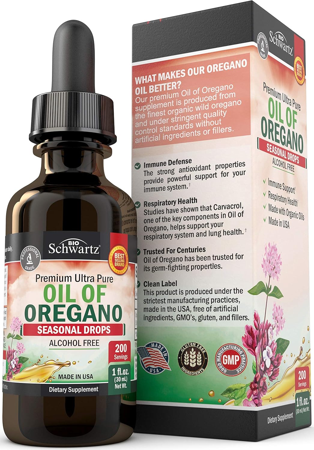 Oregano Oil - Premium Ultra Pure Formula for Immune Support - Made with Organic Oils - Promotes Respiratory Health - 0 Calorie Vegan Seasonal Drops - Alcohol, GMO & Filler Free - 200 Servings: Health & Personal Care