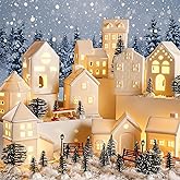 Barydat 40 Pcs Ceramic Christmas Village Set 10 LED White Village House Figurines 30 Xmas Trees Benches Streetlamps Accessories for Christmas Desktop Table Centerpiece Winter Holiday Decor