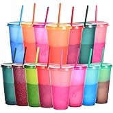 Suertestarry Color Changing Cups, Bulk Tumblers with Lids and Straws, 15 Pack of Reusable Plastic Cups, Kids & Adult Friendly, 24oz Smoothie Travel Cup (Rainbow, 15 Packs)