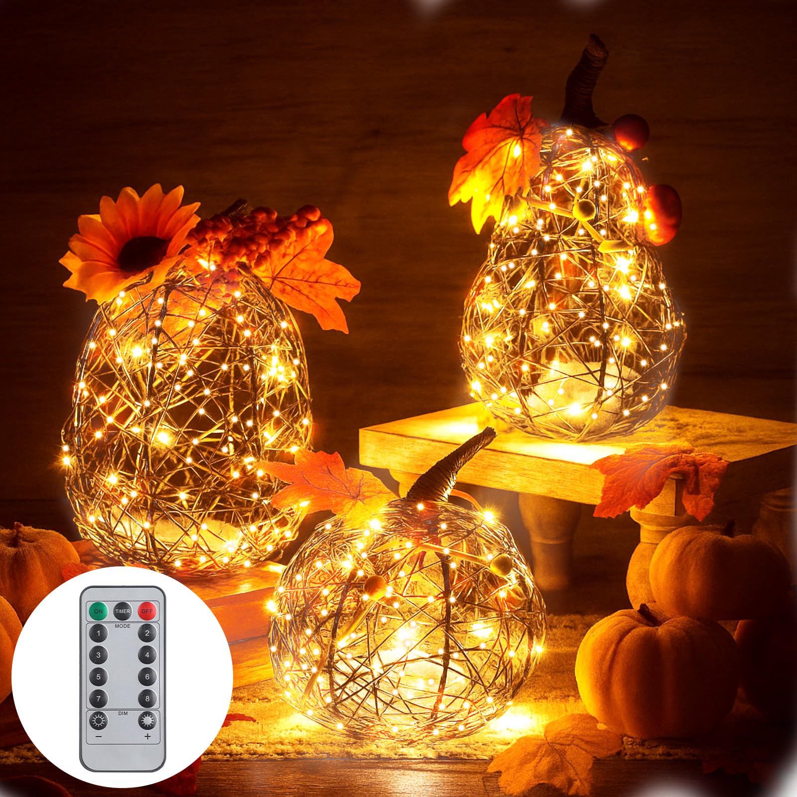 Photo 1 of 3 Pcs Rattan Lighted Pumpkins Porch Decor Outdoor Pumpkin Set, Rustic LED Grapevine Wicker Pumpkin 6 7 9.8 Inch, Battery Operated Autumn Thanksgiving Halloween Decor Mantel Table Farmhouse Indoor Use