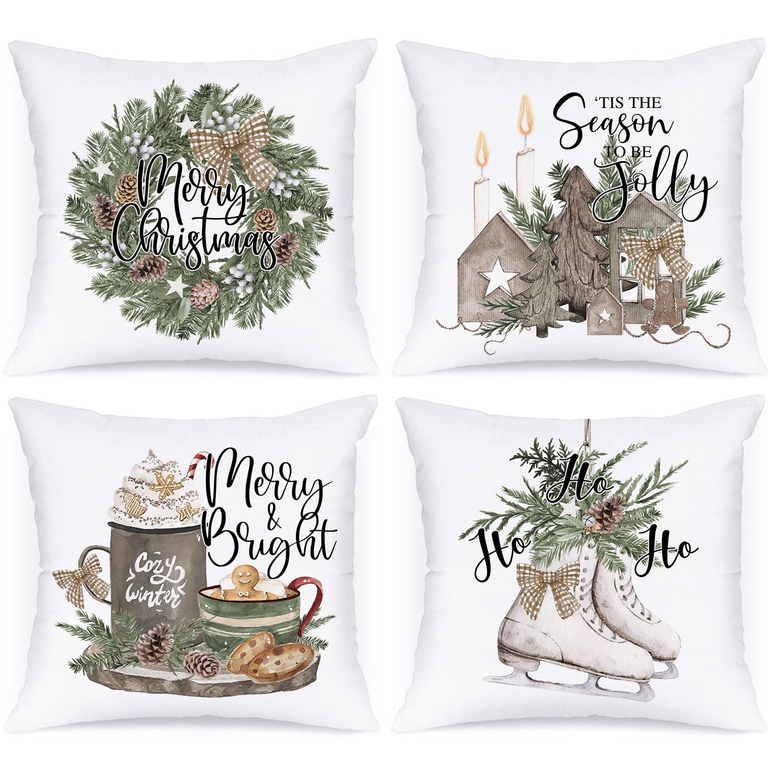 Lanpn 45x45 Christmas Throw Pillow Covers Set of 4, Gingerbread Men House Wreath Decorative Holiday Pillow Case Cushion Cover 45 x 45 for Indoor Home Sofa Couch Xmas Decor