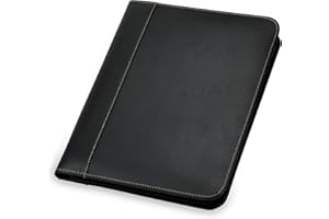 Samsill Contrast Stitch Leather Portfolio Zippered Closure Case, 8.5 inch x 11 inch Writing Pad, Black