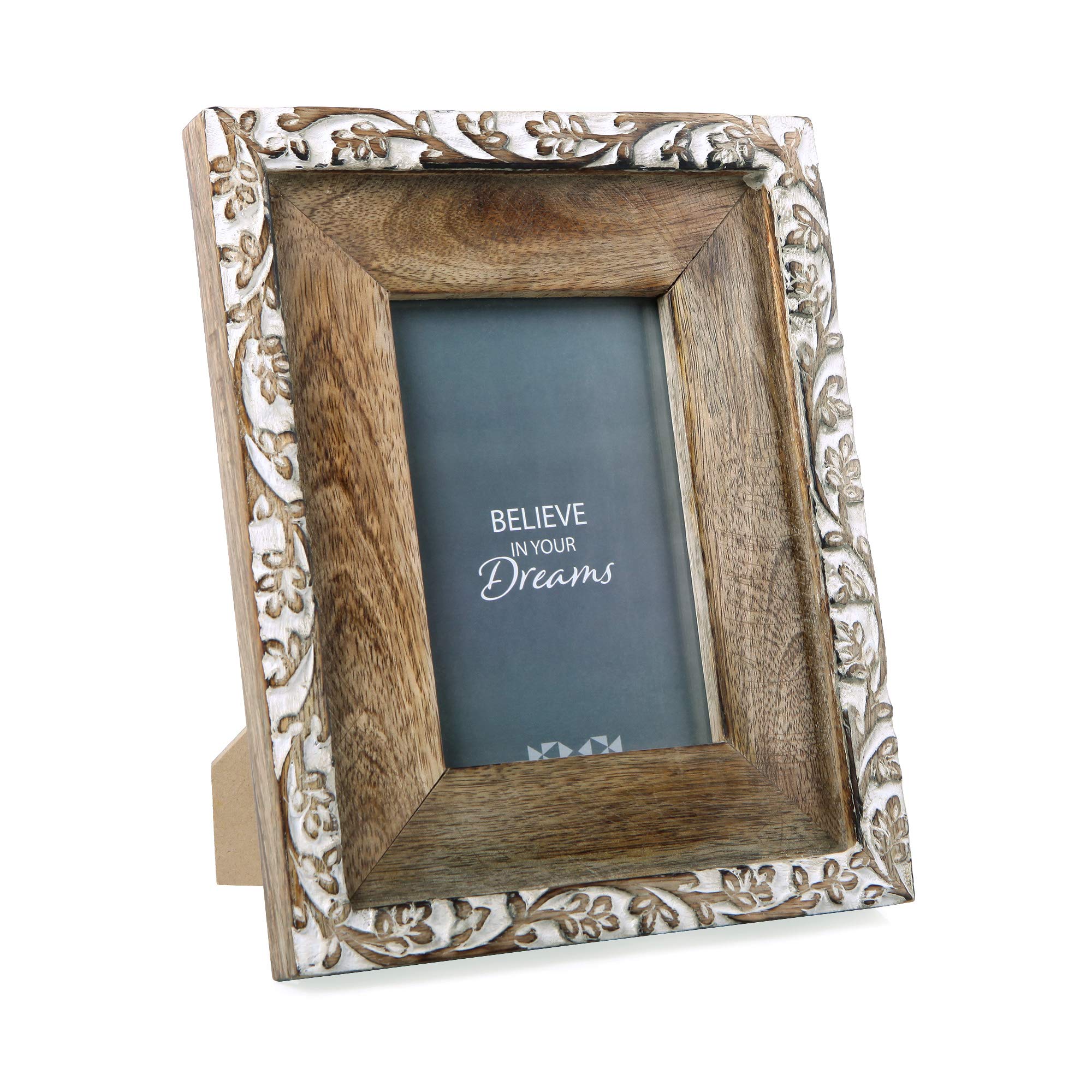 Photo 1 of NIKKY HOME Hand Carved Floral Picture Frame 4x6 Boho Style Mango Wood Design with White Distressed Finish, Dark Wood Color