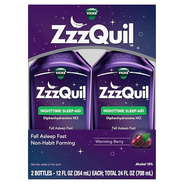 ZZZQUIL, SLEEP AID, NIGHTTIME SLEEP AID LIQUID, 50 MG DIPHENHYDRAMINE HCL, FALL ASLEEP FAST, NON-HABIT FORMING, WARMING BERRY FLAVOR, 12 FL OZ (PACK OF 2)
