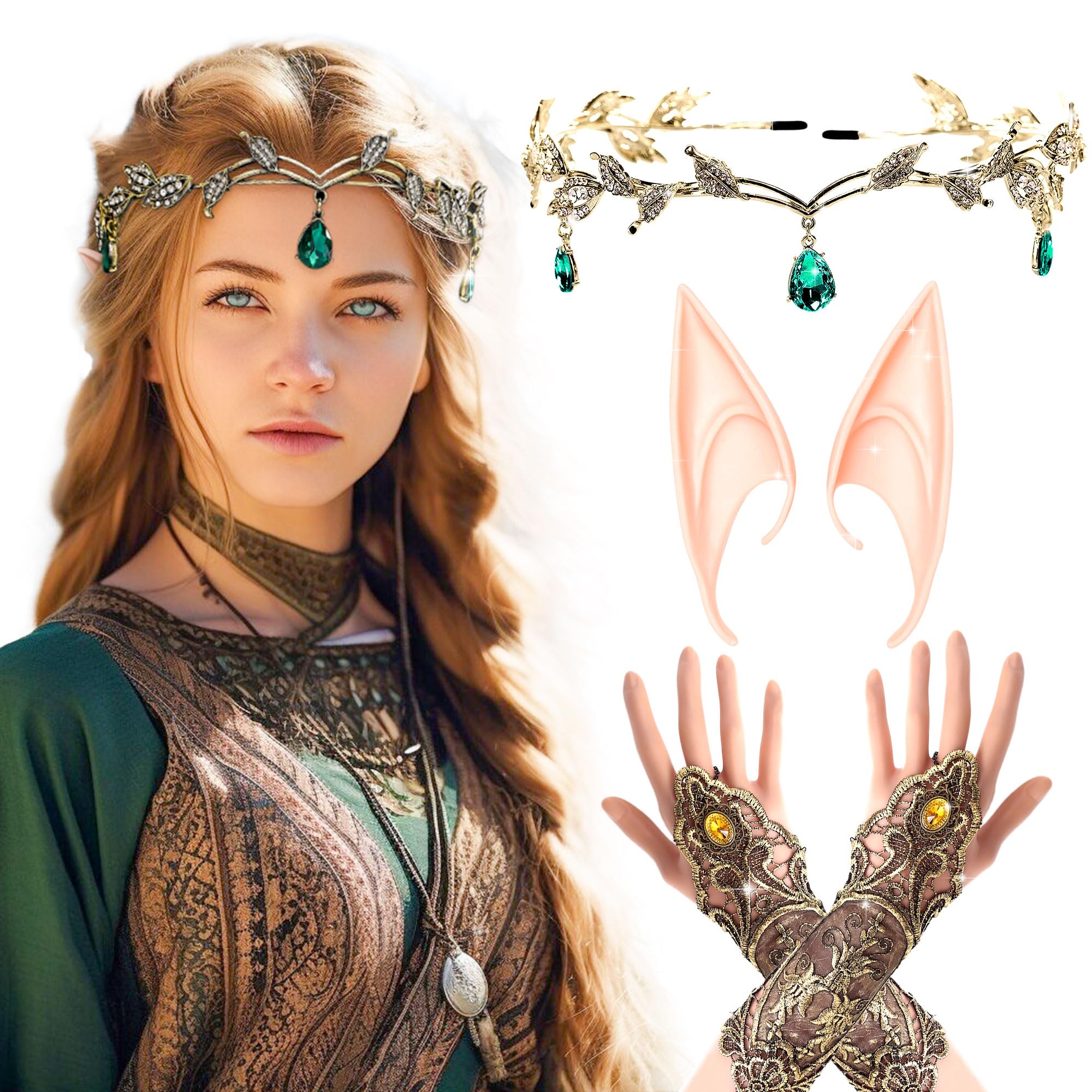 LaVenty Set of 3 Green Renaissance Elf Costume Lace Gloves Renaissance Headpiece Woodland Fairy Crown Headband Elf Ears Elf Renaissance Wedding Bridal Shower