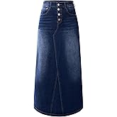 Womens Long Denim Skirt Casual A-Line Stretch Jean Skirt for Women High Waisted Vintage Denim Maxi Skirt with Pockets Blue