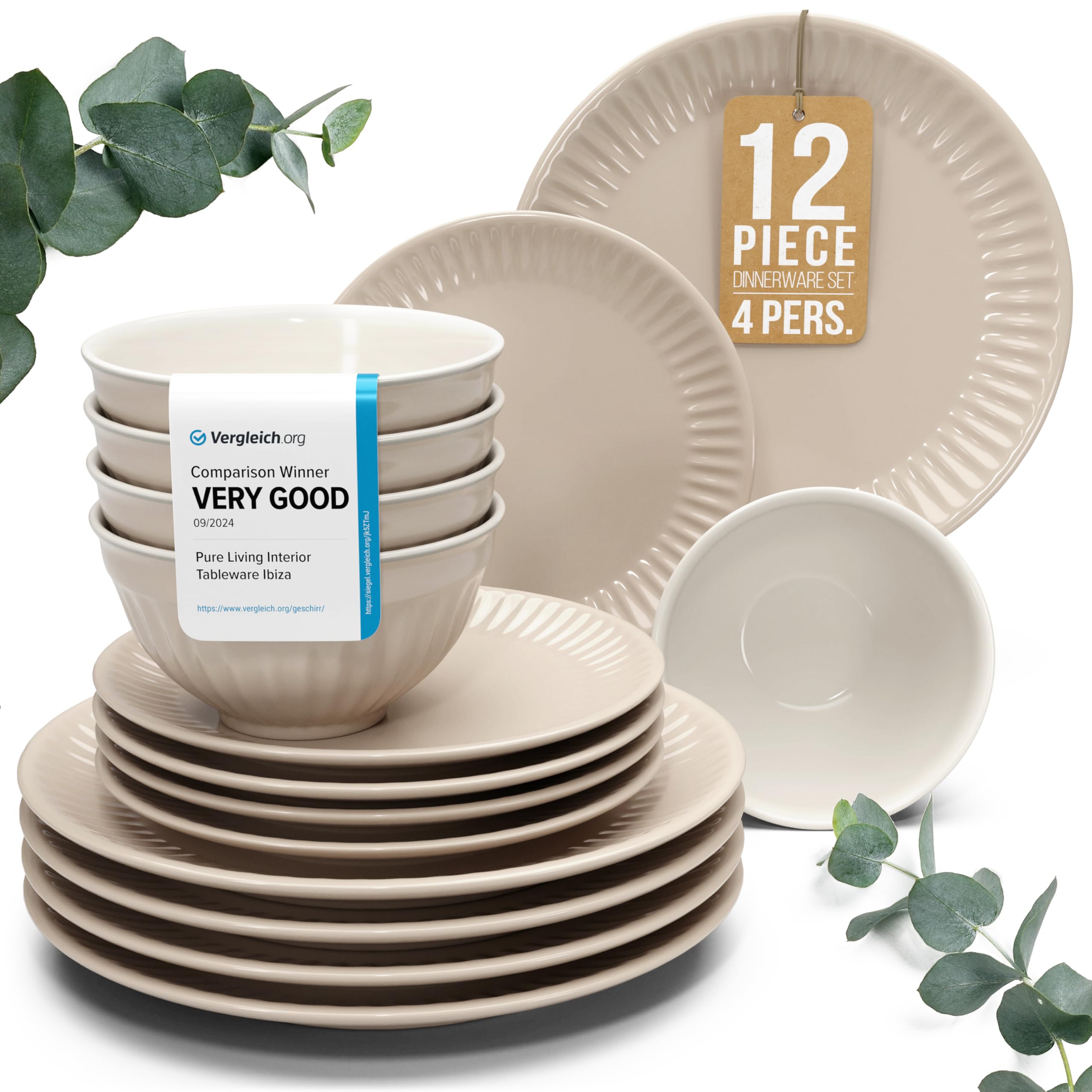 Stoneware Dinnerware Set for 4 People HYGGE 12-Piece - Elegant Scandi Design - Premium Dish Set - Bowl and Plate Set - Tableware for 4 People in a Ribbed Design - Pure Living in Light Brown Image