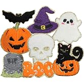 HEYTRCO 8PCS Chenille Halloween Boo Iron on Patches, Cute Skull Witch Bat Pumpkin Glitter Ghost Embroidered Applique for Clothes, Custom Holiday Patches for Hats, Jackets, Bags, Backpacks, Dress