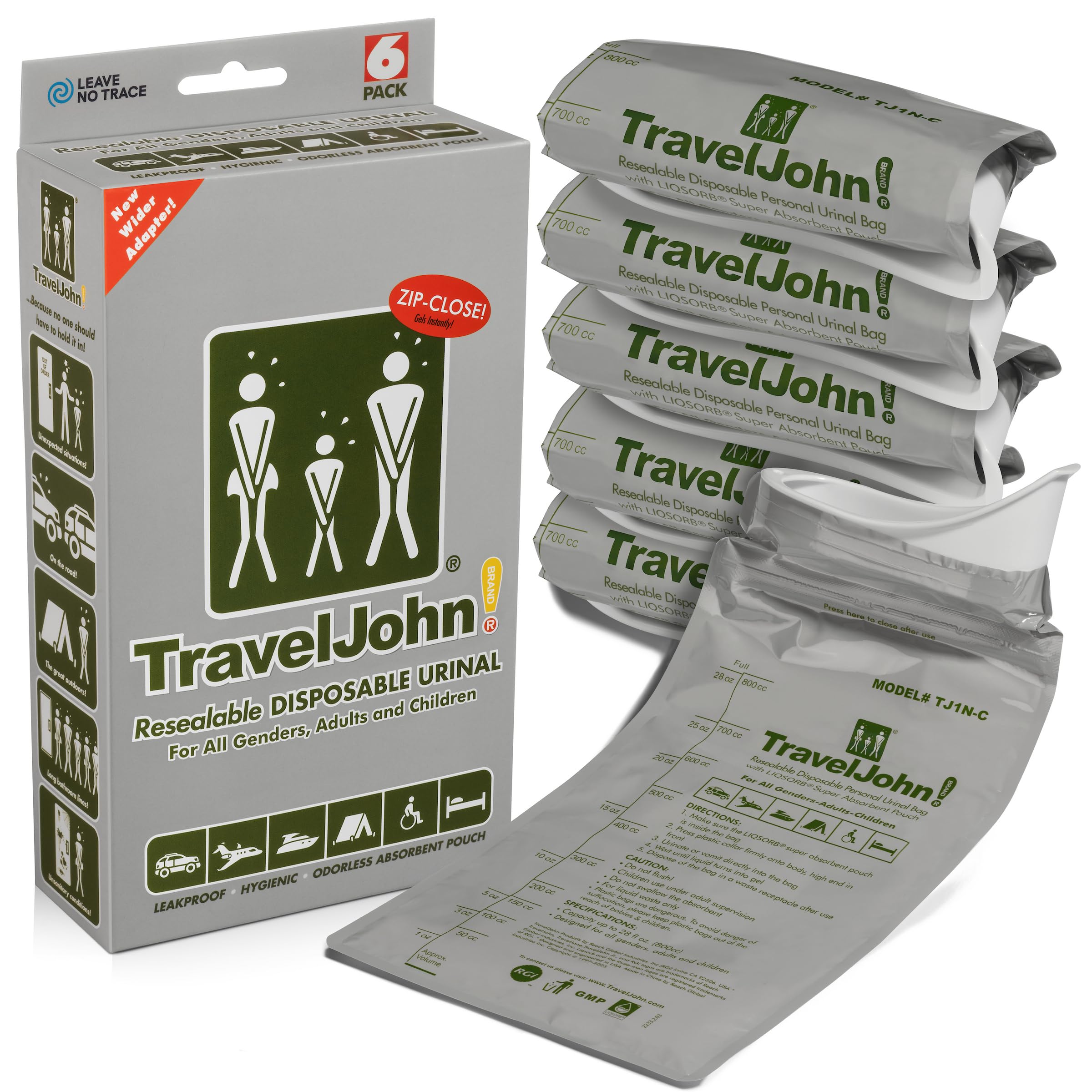 Photo 1 of TravelJohn Resealable Disposable Urinal for All Genders, Adults, and Children (6 Pack) Designed for Emergencies, Travel, Camping, Long Car Rides and more - 28oz/800ml capacity (TJ1N-C)