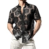 JOGAL Mens Floral Lace Shirt See Through Casual Button Down Shirts