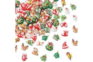 Stiesy Lot de 100 cabochons en résine sur le thème de Noël avec chapeau de Père Noël, sapin de Noël, cerf pour nail art, déco