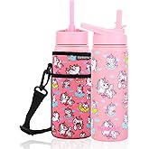 FAHRMOSIS 18 OZ Kids Water Bottle with Carrier Bag & Strap Leak Proof Metal Insulated Stainless Steel Tumbler with 2 Lids (Flip & Spout) for School & Sports Water Bottle with Straw - Pink (Unicorn)