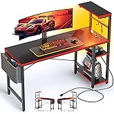 Bestier Gaming Desk with Power Outlets, 44 Inch Led Gamer Desk with 4 Tiers Reversible Shelves, PC Gaming Table with Headset Hook & Side Storage Bag for Bedroom (Black 3D Carbon Fiber)