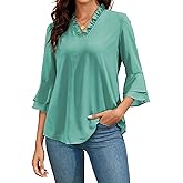 Famulily Womens Tops Casual 3/4 Bell Sleeve Blouses Ruffled V Neck Chiffon Double Layered Work Tunic Shirts