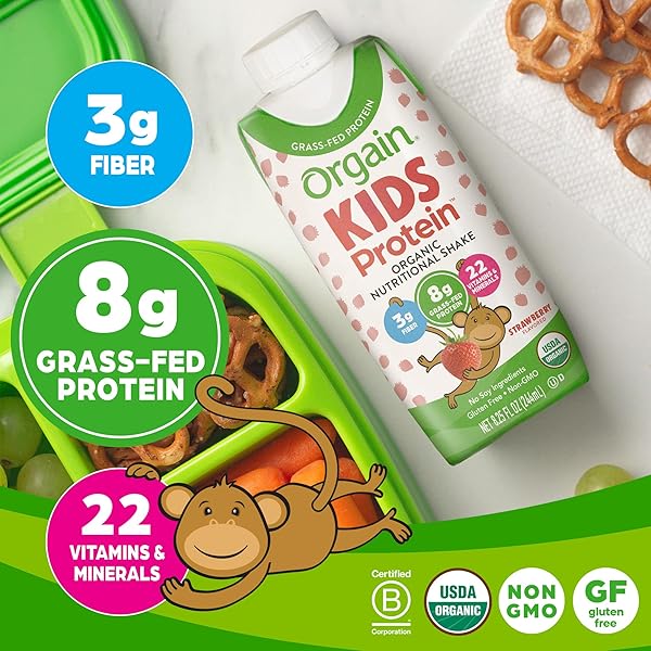 ORGAIN ORGANIC KIDS NUTRITIONAL PROTEIN SHAKE, STRAWBERRY, HEALTHY KIDS SNACKS, 8G DAIRY PROTEIN, 3G OF FIBER, 22 VITAMINS & MINERALS, NO SOY INGREDIENTS, GLUTEN FREE, NON-GMO, 8.25 FL OZ (PACK OF 12)