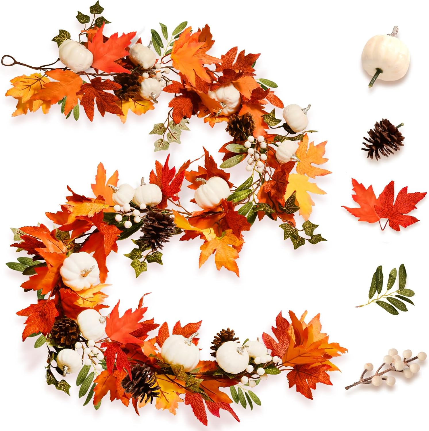 Wreaths, Garlands & Swags - Naidiler Full Colorful Fall Maple Garland with White Pumpkins for Mantle, 6.2FT Autumn Garland Pinecones Fall Decorations for Home Fireplace Mantle Front Door Wall Stair Table Centerpiece Décor