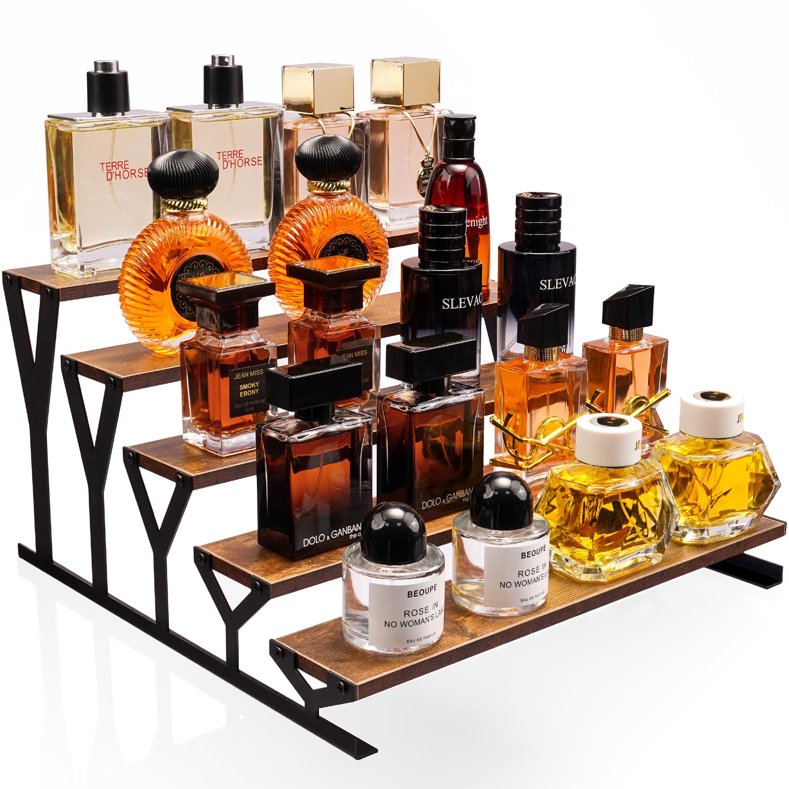 Photo 1 of KALYLOC 5 Tier Wooden Display Riser Stand 13.8 Inch Metal Step Perfume Stand Organizer Tabletop Tiered Display Shelf Rack for Cologne Cupcake Spice Figures Cosmetics Candles (Brown, Y-Shape)