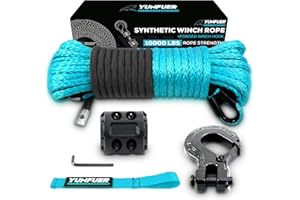 YUNFUER 1/4" x 50ft Synthetic Winch Rope Cable Kit, 10000LBS Winch Rope with Protective Sleeve + Forged Winch Hook + Rubber Stopper and Safety Pull Strap for ATV UTV (Blue)