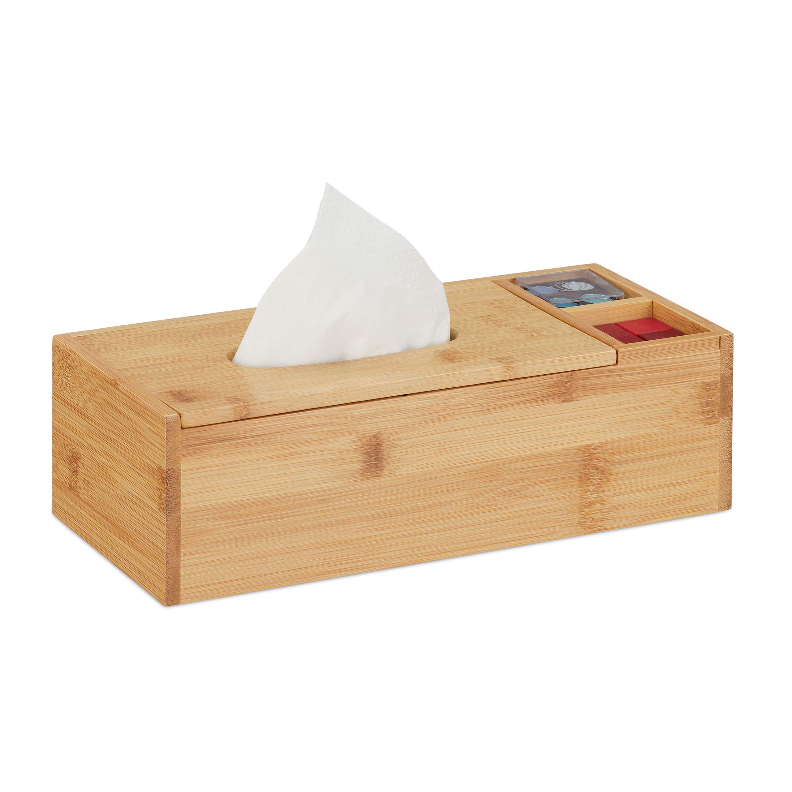 Relaxdays Tissue Box with Lid & 2 Compartments, Bathroom & Office, Bamboo Organiser, HxWxD 9 x 30.5 x14.5 cm, Natural