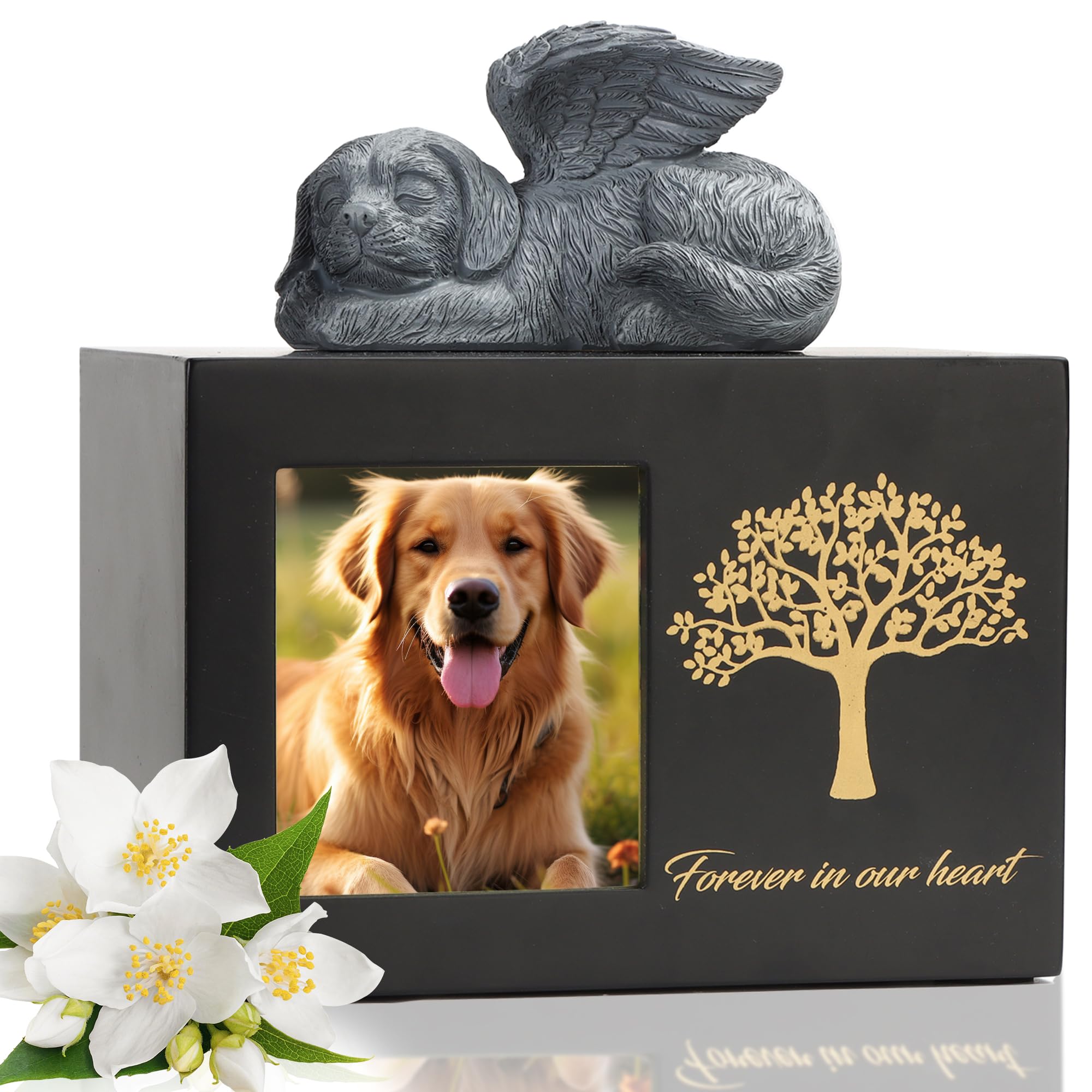 DiDiBirDi Pet Urn for Dog Ashes, Tree Pattern Wooden Black Keepsake with Photo Frame, Memory Box with Resin Dog Statue and Sealed Storage Bags (25kg)