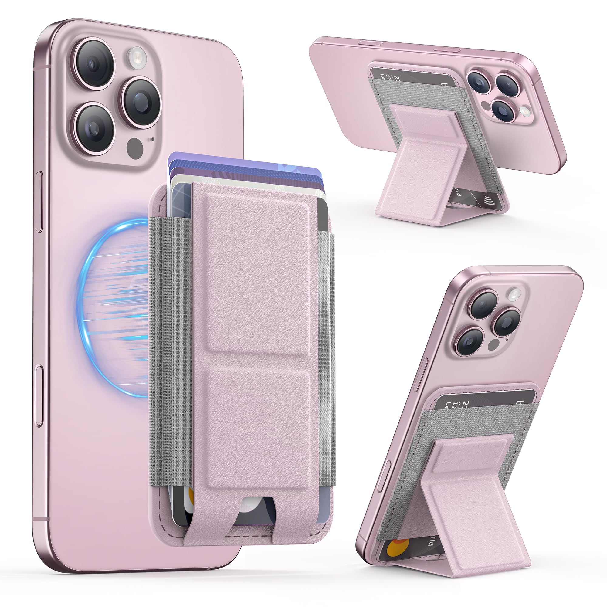 GONEZ for MagSafe Wallet with Stand, Stronger Magnetic Card Holder for iPhone 17/16/15/14/13/12 Series, Premium Leather Phone Wallet with RFID Blocking, 1 Slot, Fit 5 Cards, Pink