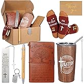 7Pcs Pastor Appreciation Gifts Set Christian Religious Pastors Gifts for Men Pastor Tumbler Priest Socks Clergy Pen Leather Journal Bookmark Keychain Thank You Card for Church Birthday Christmas Gift