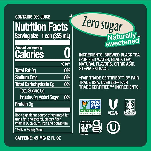 ZEVIA ZERO SUGAR TEA, BLACK TEA WITH PEACH, 12 OZ CANS (12-PACK) – NATURALLY SWEETENED, ZERO CALORIE SUGAR FREE – NON-GMO PROJECT VERIFIED, GLUTEN-FREE, VEGAN
