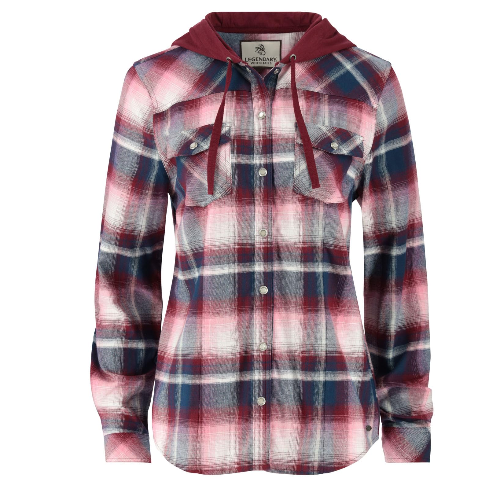 Legendary Whitetails Womens Flannel Shirt Hooded Heavyweight Stretch Button Up, Manhattan Plaid, MED