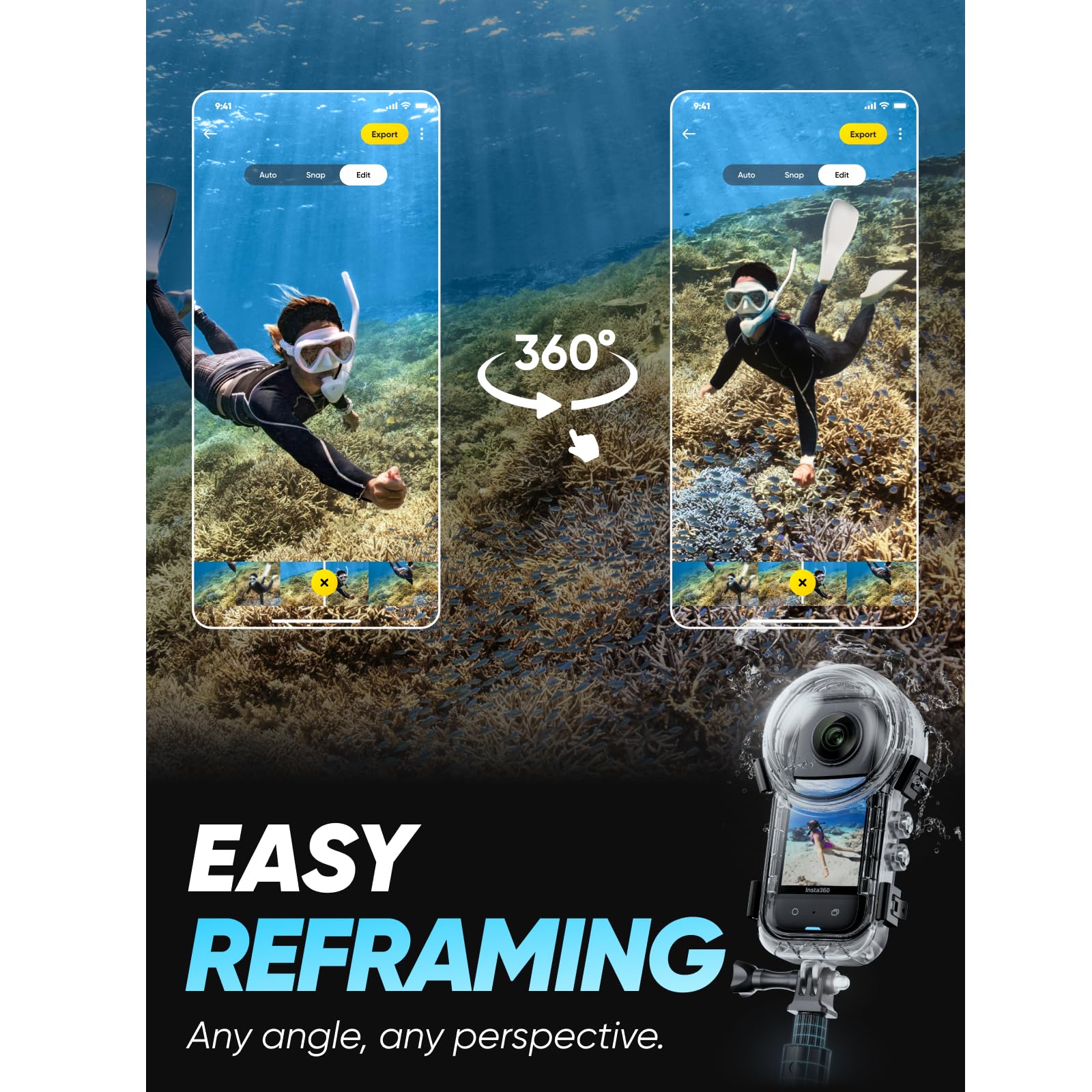Insta360 X3 Invisible Dive Kit - Waterproof 5.7K 360 Action Camera, Dive Case, Selfie Stick, Dual 1/2