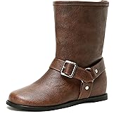 Cozivwaiy Black Ankle Boots For Women Round Toe Flats Comfortable Slip On Buckle Riding Low Heel Dress Casual Boots