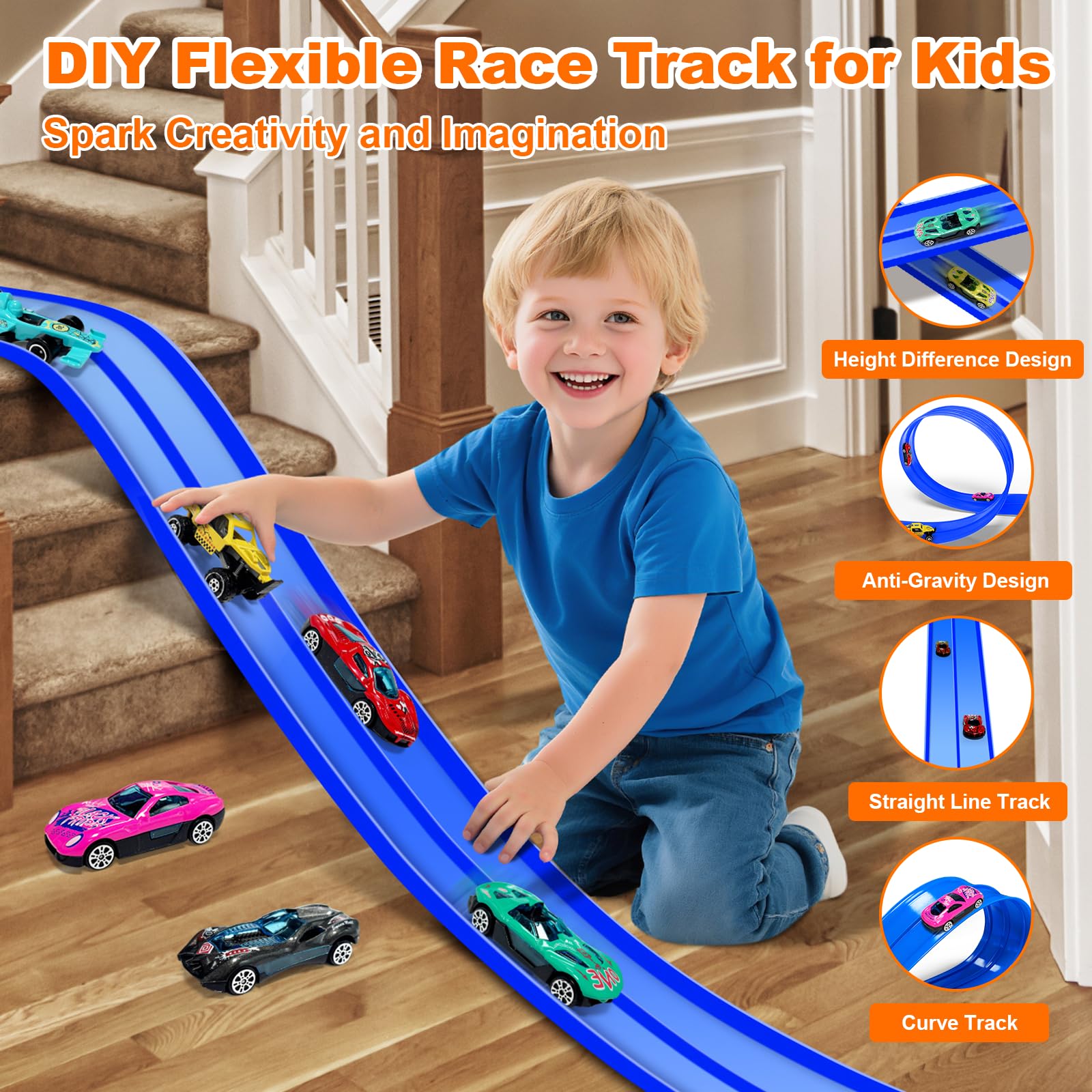 EFCRBS 15Ft Flex Track, Flexible Race Car Track for Kids Toy with 10 Suction Cups, Rolls Up Portable Racetrack Compatible with Hot Wheels & Diecast 1/64th Cars, Christmas Birthday Gifts for Boys(Blue)