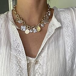 Gold Charm Necklace for Women White Pearl Choker