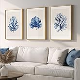 Framed Coastal Coral Wall Art for Living Room, Large Navy Blue Watercolor Coral Artwork for Walls, 3 Piece Minimalist Ocean B