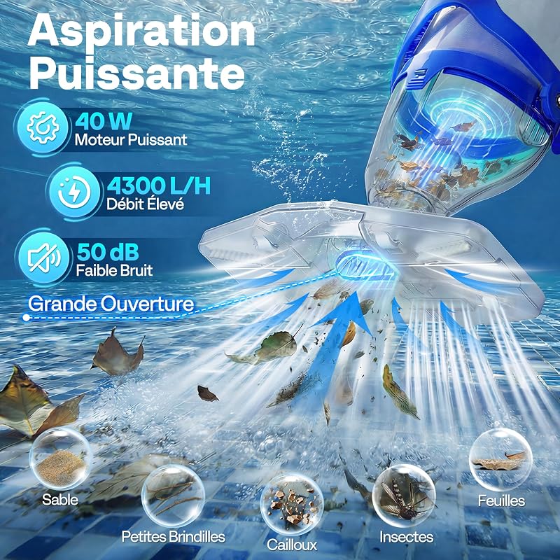 Aspirateur Piscine sans Fil 4300LPH avec Perche Télescopique 250cm
