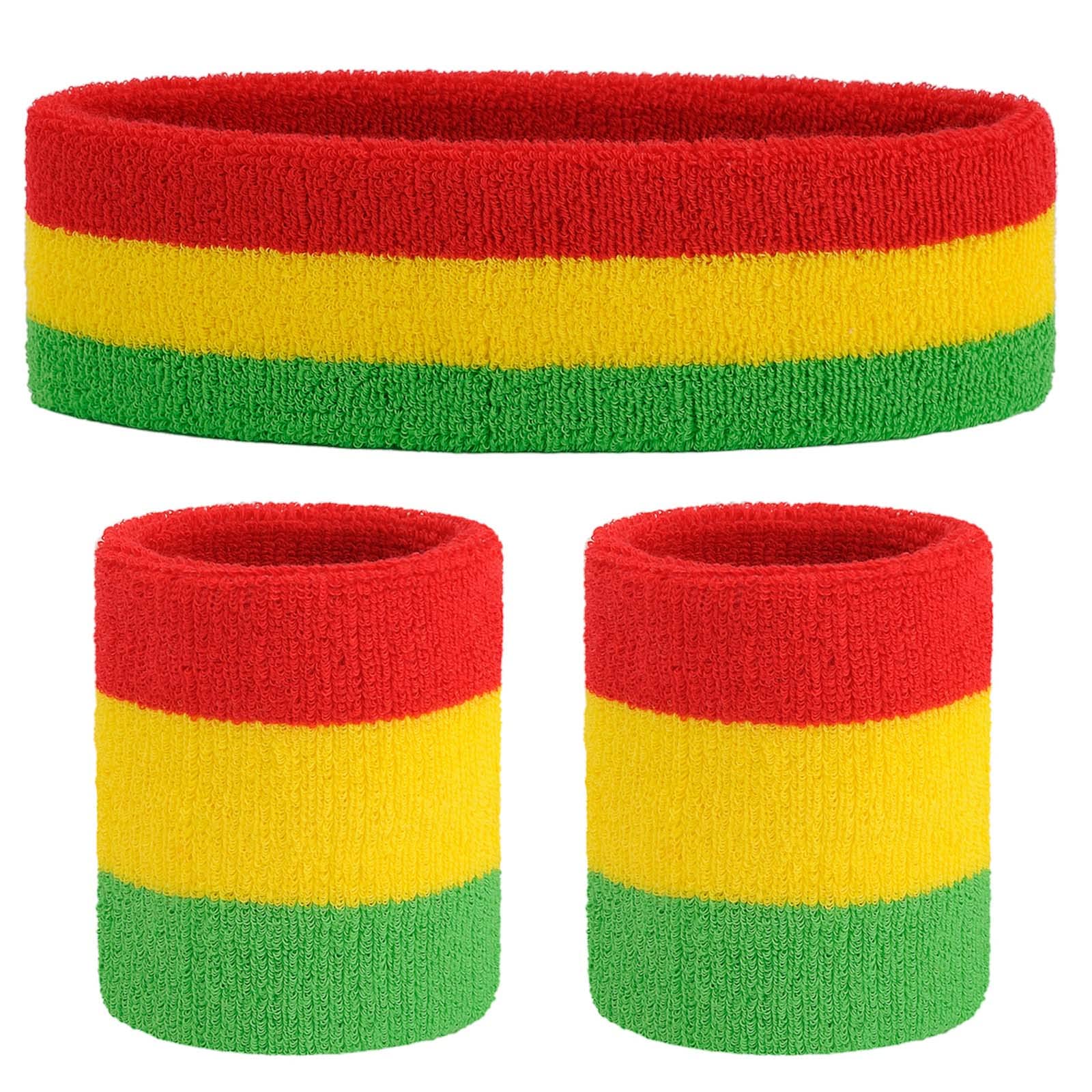 ONUPGO Sweatband Set (3 Pieces) Sports Headband and Wrist Striped Terry Cloth Wristband Athletic Exercise Basketball Moisture Wicking Sweat Absorbing Head Band