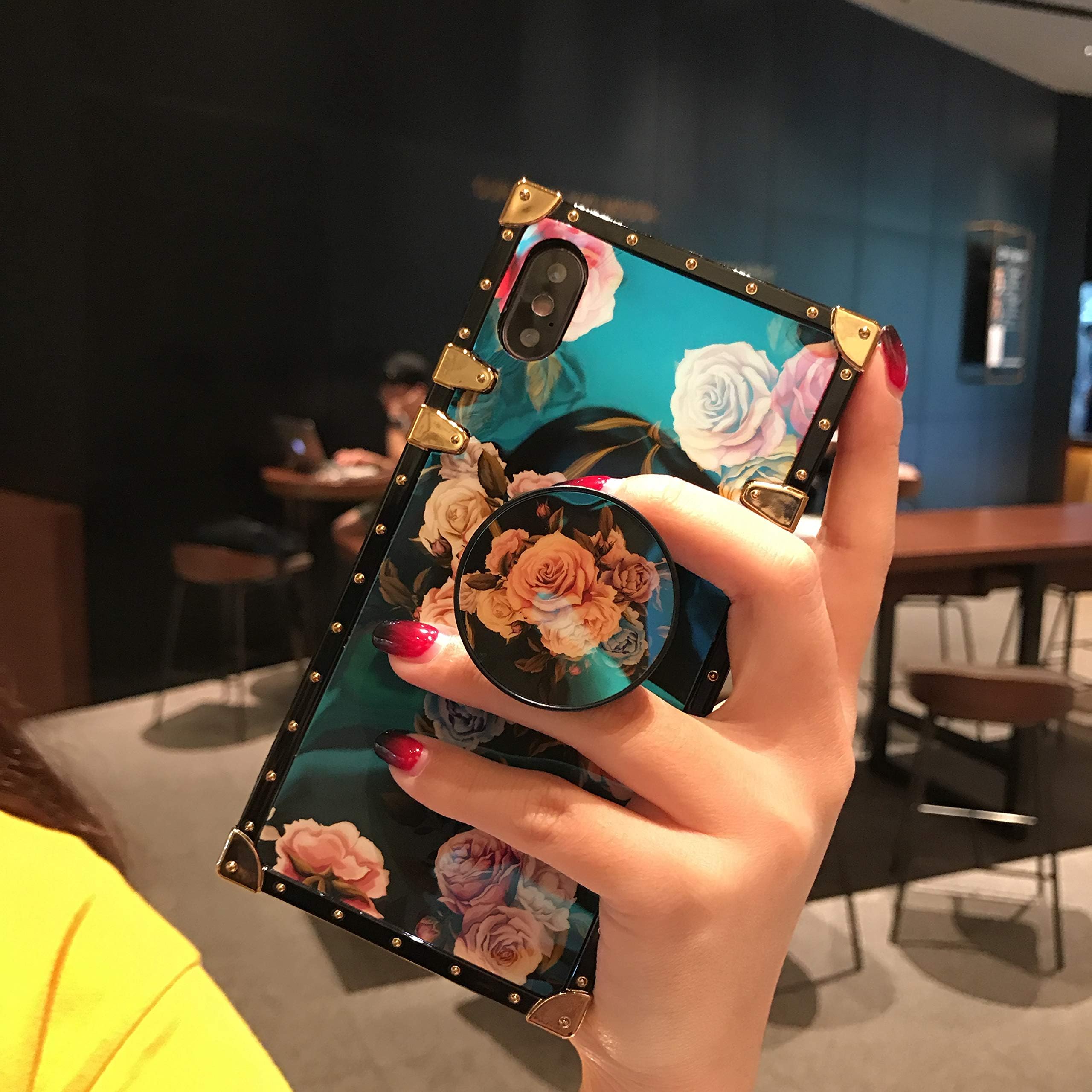 for iPhone 6/6SPLUS/7/7PLUS/8/8PLUS/X/XS/XR/XS MAX 5.8" Newest Retro Blue Ray Rose Flower Glitter Skin Design TPU+ PU Leather Plating Square Corner Strong Back Case with Holder (Rose, iphone7/8 Plus)